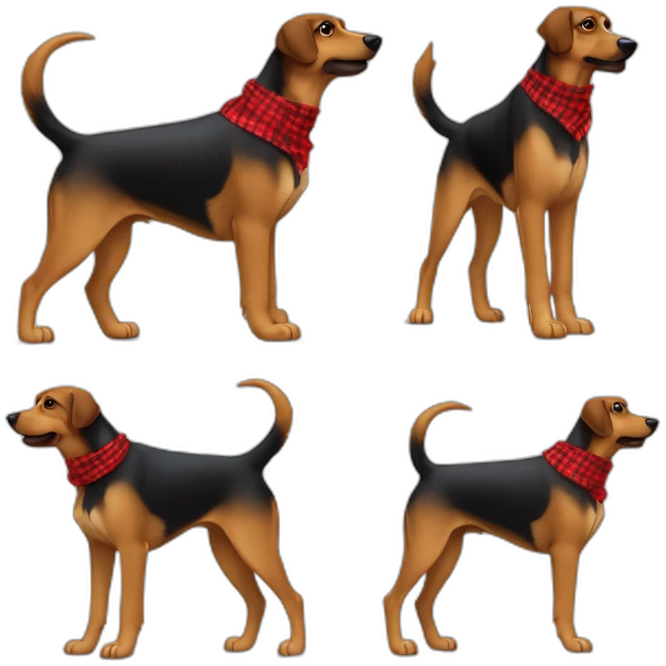 adult 75% Coonhound 25% German Shepherd mix dog with visible tail wearing small pointed red buffalo plaid bandana full body walking left quickly emoji