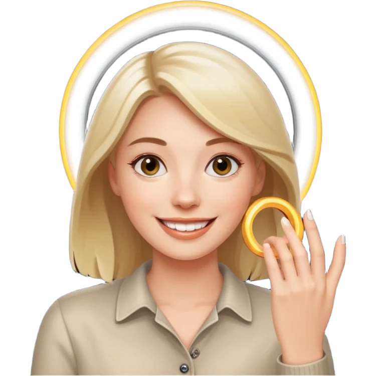 white woman making a video call with a ring light emoji
