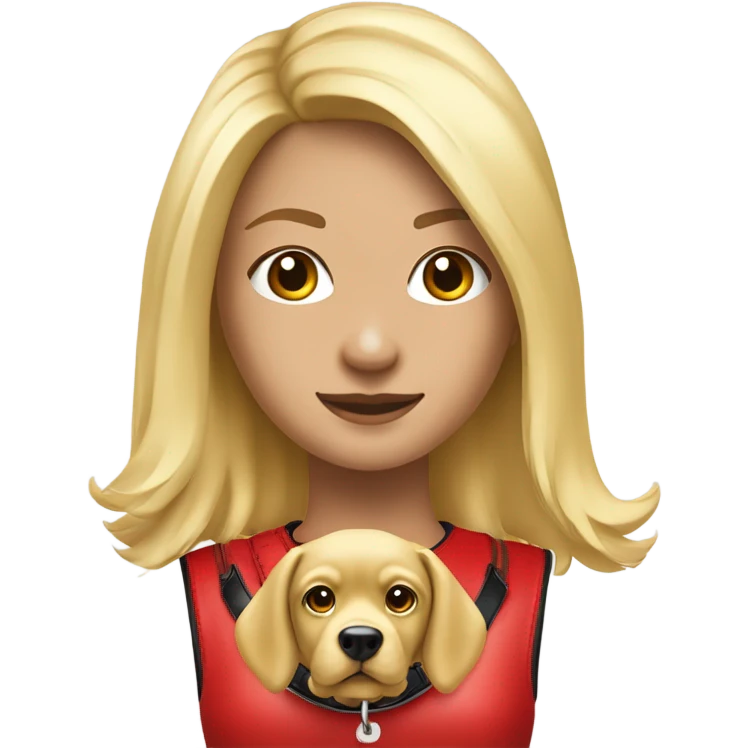 Put a Red leather dog collar and golden tag on a blond white human female with medium length hair and add a red leash connected to the collar. She should also wear a red tank top emoji