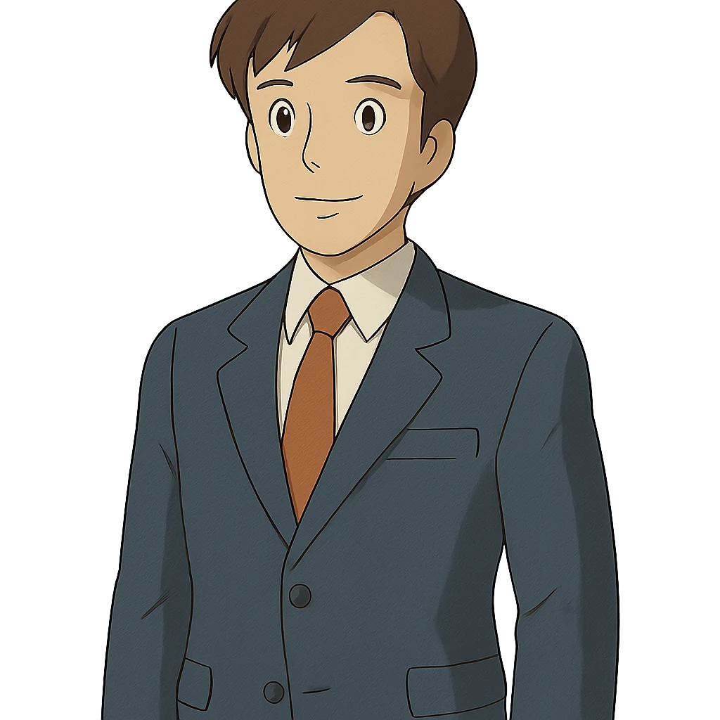 ghibli style businessperson with brown hair, suit emoji