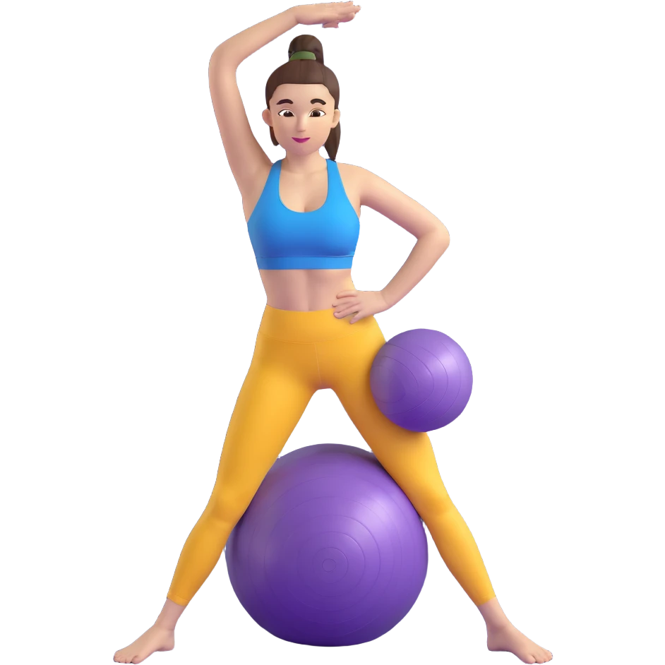 Yellow-skinned girl with high ponytail wearing blue sports bra and navy yoga pants doing yoga with a large exercise ball emoji
