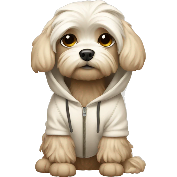 Maltese dog wearing a creme brown hoodie emoji