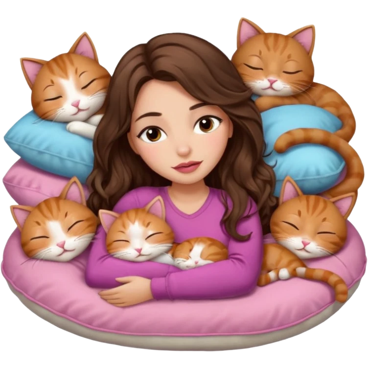 girl with long wavy brown hair, brown eyes, long lashes makeup, sexy pink lips, light to medium complexion, sleeping on a cozy pillow, with 6 cute cats, sleeping emoji