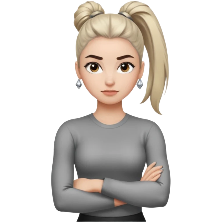 ทำสีตาสีเทาเท่ ๆ มีประกายคม
คิ้วได้รูป มองแล้วดูสตรอง
ผมหางม้าสูง
ลุคสตรีทแฟชั่น
ท่าโพสกอดอก
ฟีล: Girl Boss, cool beauty, minimal but powerful emoji