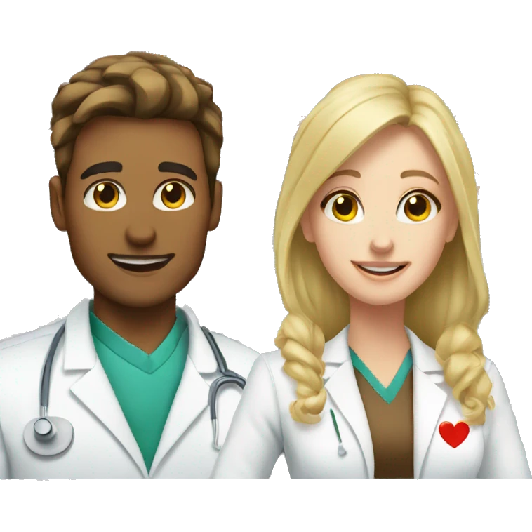 Blonde female pharmacist and male chemist with brown hair in love  emoji