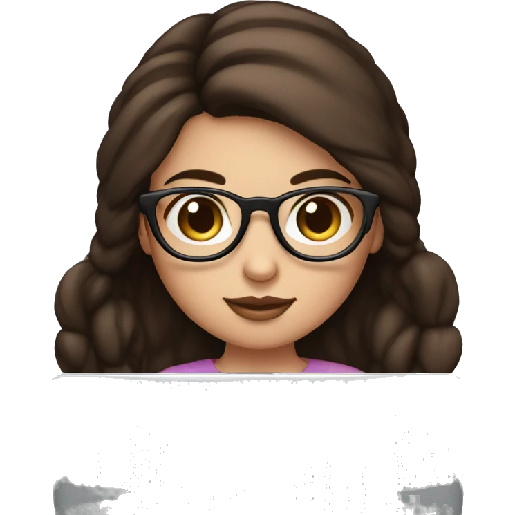 Girl with dark brown bun hair chinky eyes with glasses and white skin hold macbook emoji