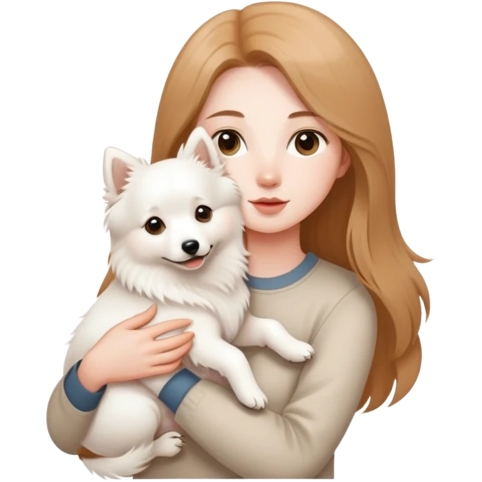 long light brown hair girl with pale skin holding a white Japanese spitz dog in her arms emoji