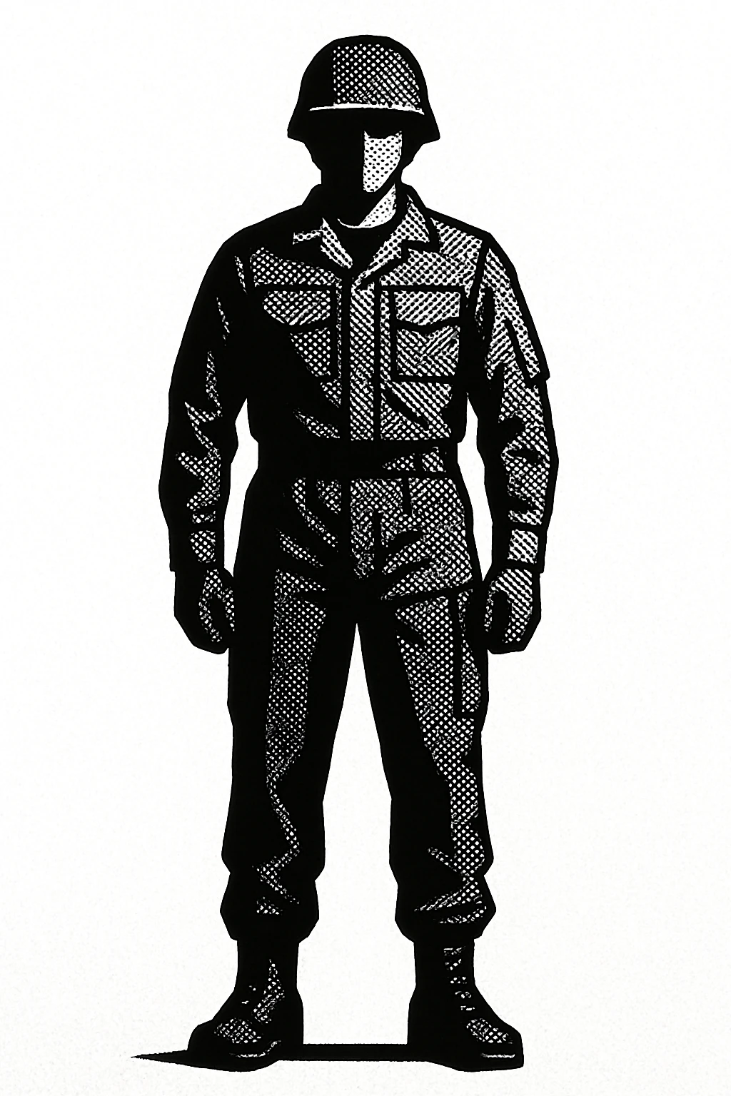 silhouette of a standing American soldier, general silhouette, black and white, strict technical style, light fill, no weapons, only helmet and uniform emoji