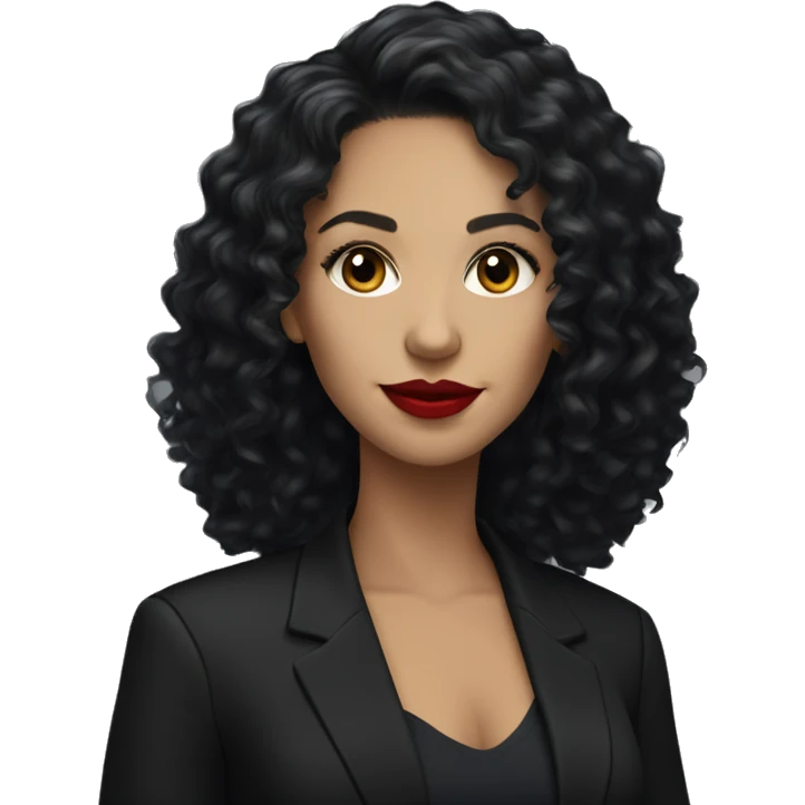 corporate white woman, red lipstick, long black curly hair, black shirt, black blazer  emoji
