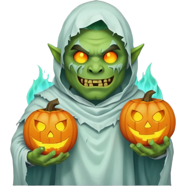male orc warrior ghost emoji, green skin, wearing torn white ghost sheet costume, holding glowing jack-o'-lantern, faint blue aura, friendly but spooky expression, Halloween fantasy theme, Apple emoji style, clean white background, square emoji