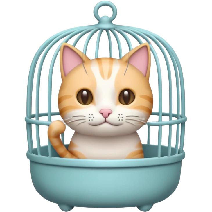 A cute emoji-style cat cage — rounded, cartoon look, clean outline, pastel colors. Vertical metal bars in front, small handle on top, and soft edges. Simple, minimal details, high contrast, with no cat inside emoji