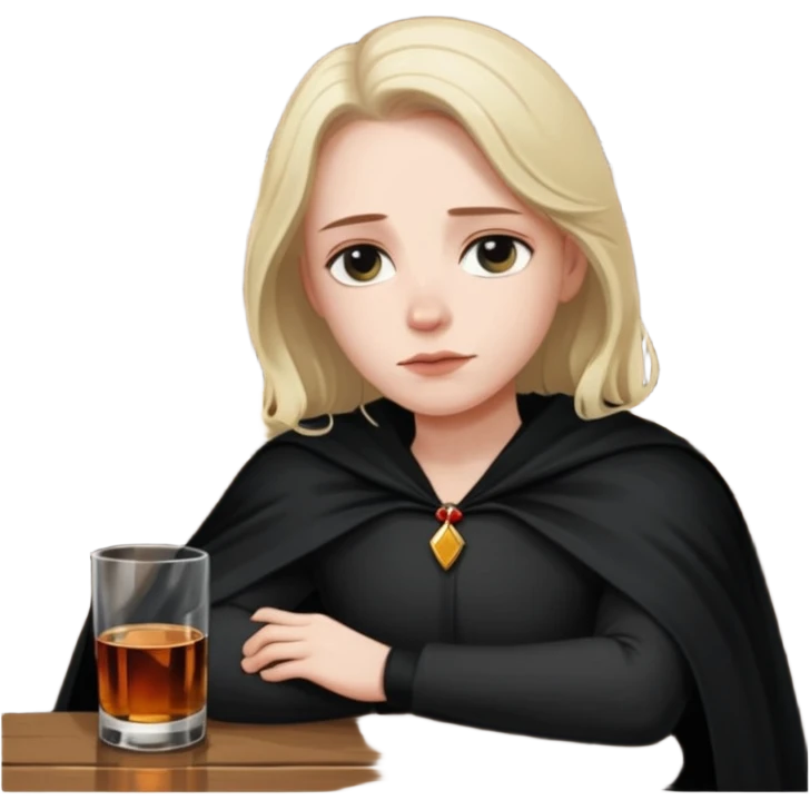 Caucasian in black cape sitting sad at bar emoji