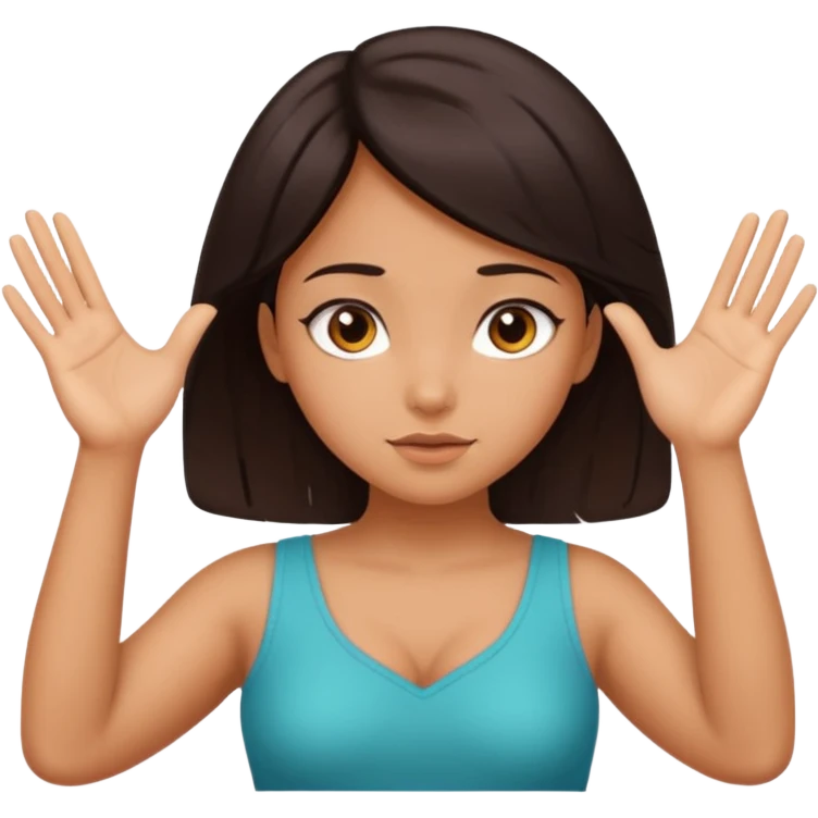 A girl with curious expressions and her arms making a v and her hands on her curves emoji