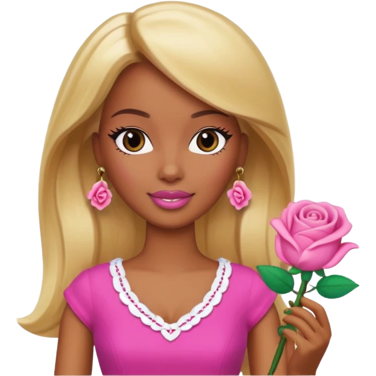 Brown skin blonde hair barbie with rose toy  emoji