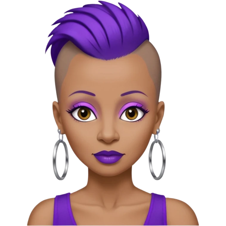 57 years young,  brown skinned Black queen with a  no hair on side and a  mohawk hairstyle, purple lipstick,  purple eyeshadow,  droopy looking  eyes, hoop  design 
 earrings with the name Draya personalized on them.  emoji