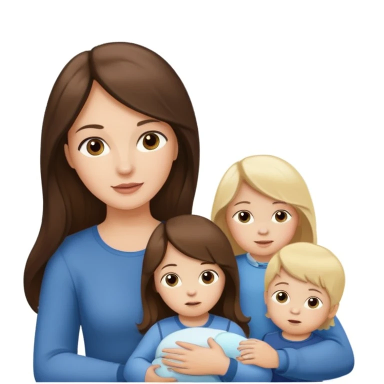 Brunette lady with toddler little girl with long brown hair and 1 year old boy with blonde hair emoji