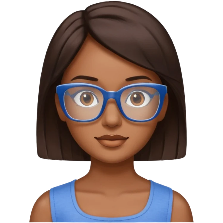 mujer de 30 años, cabello marron oscuro, anteojos cuadrados transparente, top celeste escote cuadrado emoji