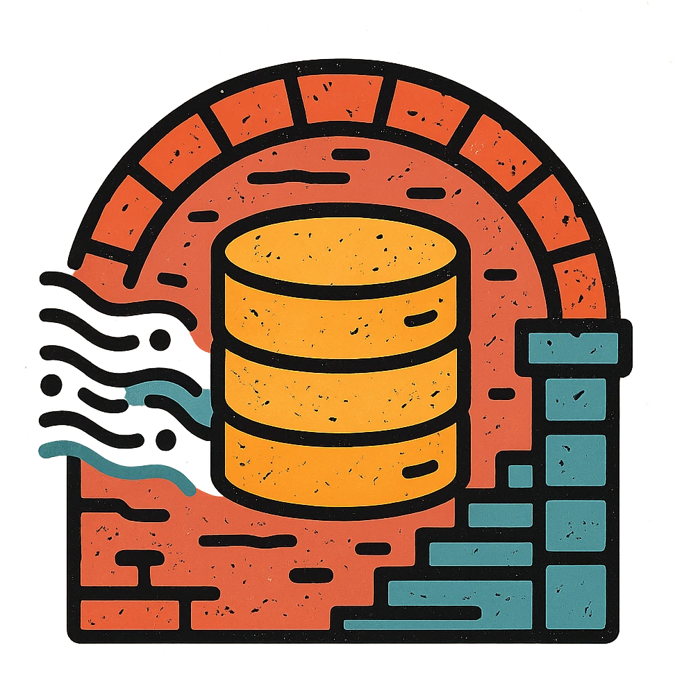 stacked database cylinders in a basement or underground setting with arched brickwork, stairs, or stone walls, flowing abstract data streams with lines, dots, or waves, worn and distressed effect, detailed icon emoji
