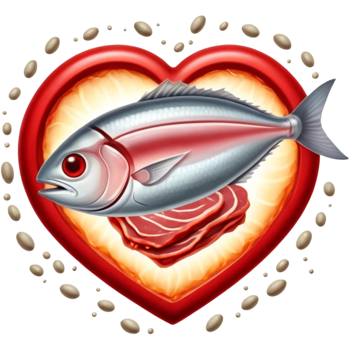 Ethereal red meat, liver, and sardines glowing with magical energy surrounding a bright red blood cell. Mystical light connects the foods to the blood cell and flows toward a heart and muscles, showing heme iron's role in creating vitality and energy throughout the body. emoji
