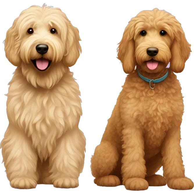 skinny golden labradoodle and big labradoodle playing emoji