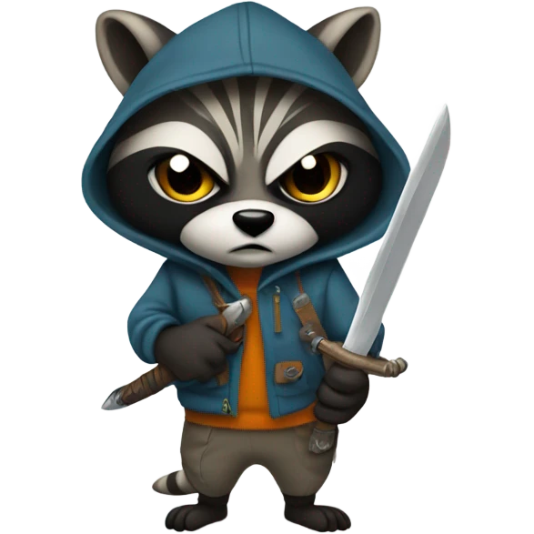 fullbody raccoon thief whith mask and hoodie serious mood holding a dagger emoji