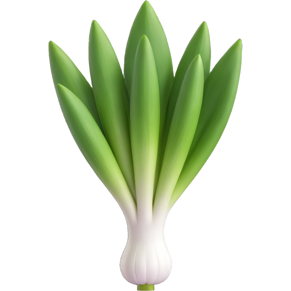 whole leek, white stalk to green leaves, leaves layered and slightly curved, root end with fine roots, crisp and fresh, 3D emoji style, minimal, soft shadows, no anthropomorphic features, transparent background, emoji scale emoji