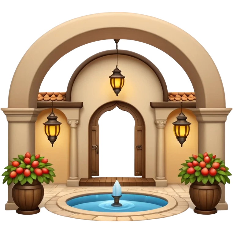 3D Apple-style emoji of a traditional Turkish han with courtyard, arches, fountain, wooden doors, and hanging lanterns. Rounded, glossy, smooth, soft shadows, white background.







 emoji