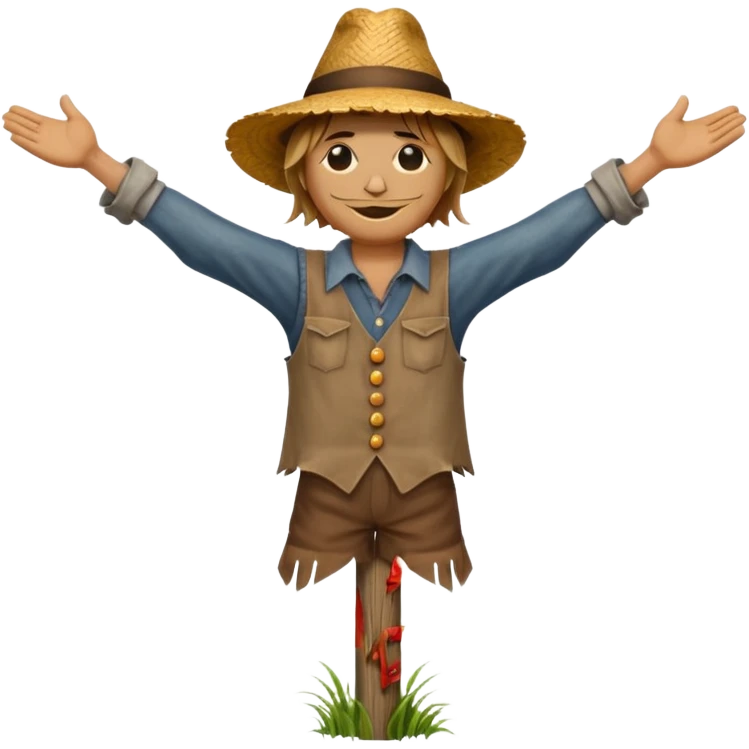 Scarecrow, Straw body, old brown hat, patched shirt, arms stretched on a wooden pole. emoji