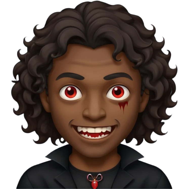 black skinned person with a black shirt on make the haircut have waves with vampire teeth emoji