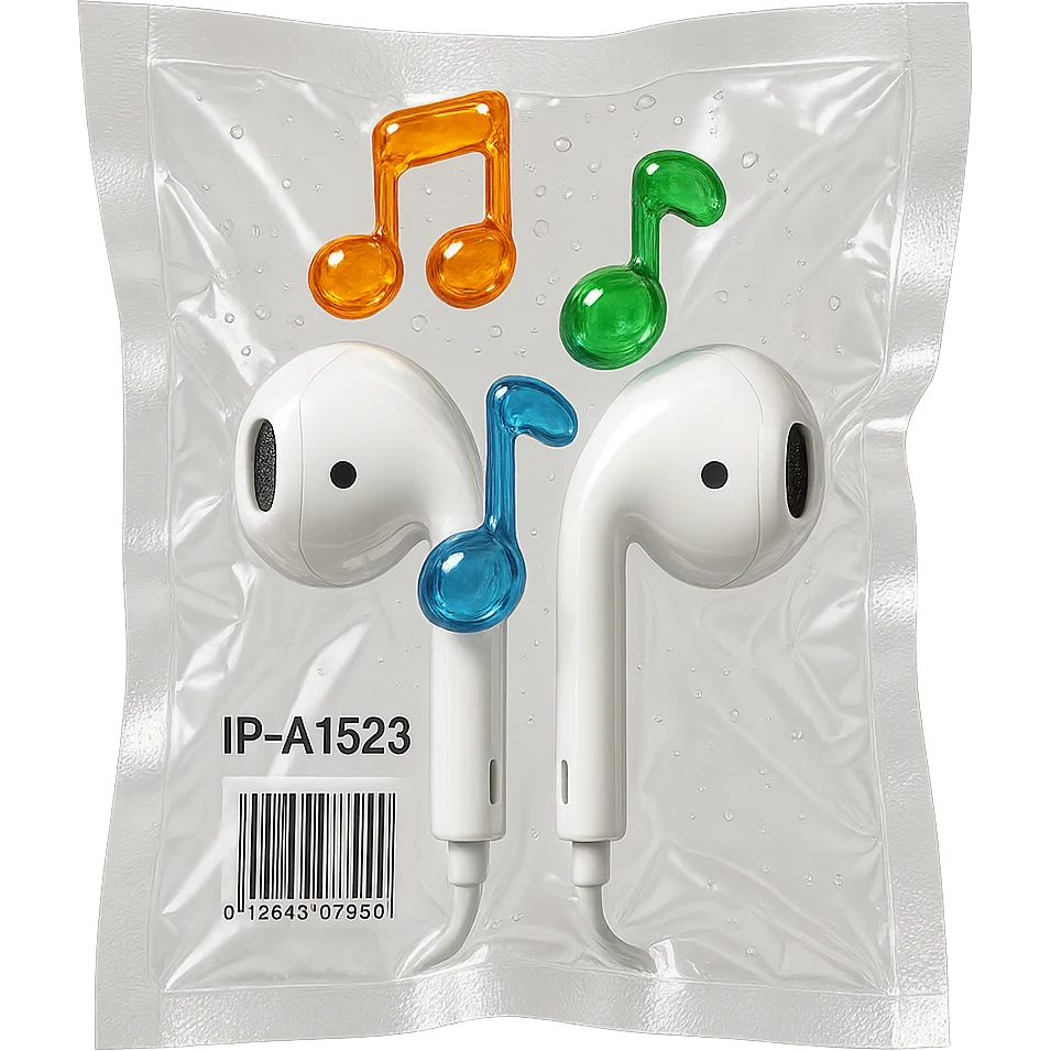 pair of white EarPods with three distinct colorful glass music notes floating above, glossy and puffy emoji