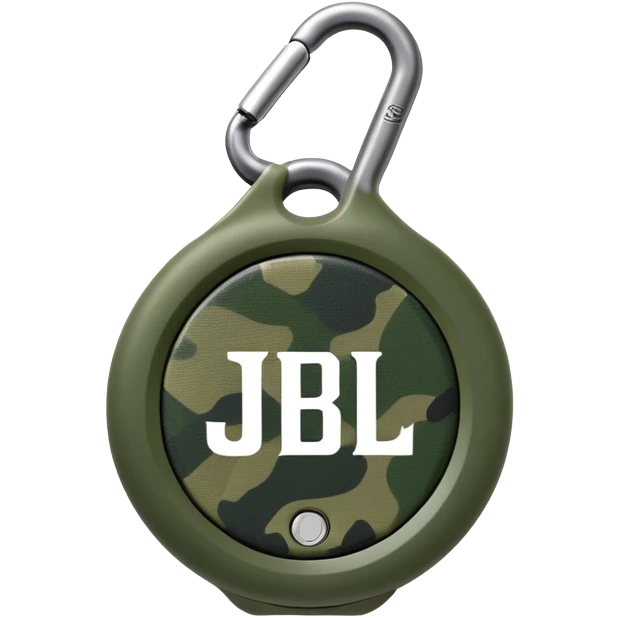 Minimalist JBL Clip 4 speaker with circular shape, carabiner clip, green camouflage pattern, and small JBL logo in the center, iOS emoji style emoji
