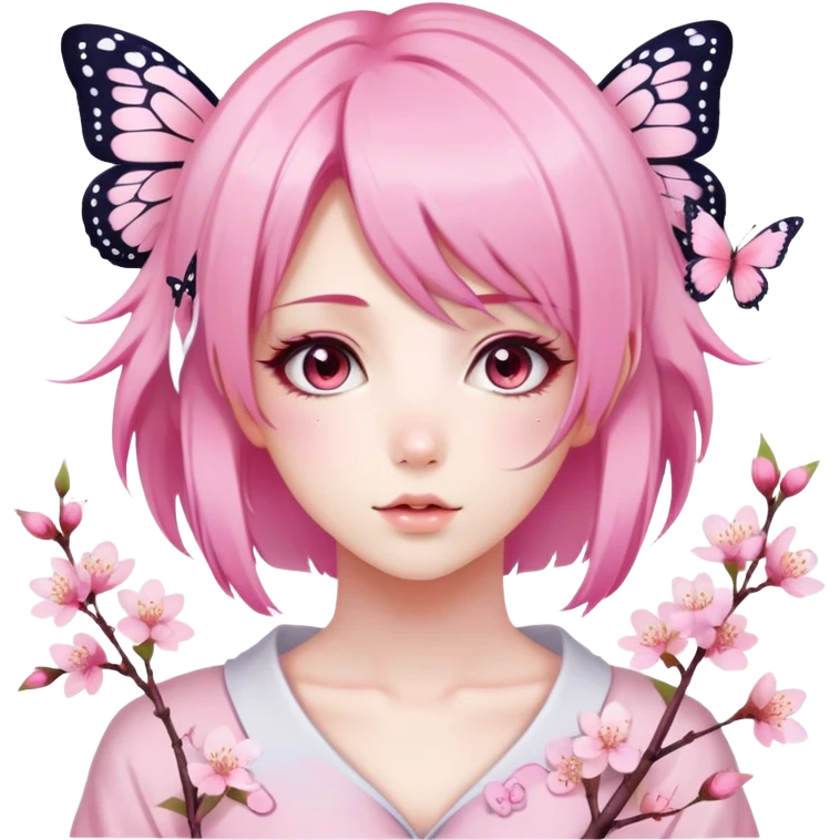 A Gorgeous Beautiful Anime Lady Sakura Cherry Blossom and Pretty Hair, pastelcore aesthetic, pastel pink and white, butterfly, Fairycore emoji