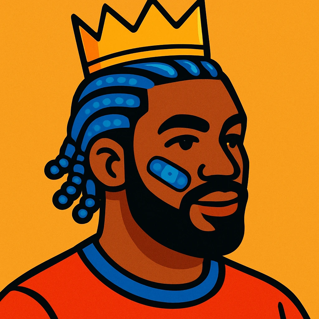 afro man, blue corn rows hairstyle, crown on head, blue band-aid on cheek, modern illustration, vibrant toon style emoji