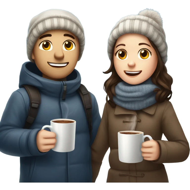 brunette girl and white boy covered up drinking hot chocolate emoji