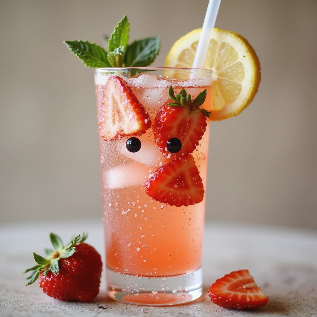 sophisticated realistic strawberry spritz lemonade in a tall glass with pink sparkling liquid, strawberry slices, ice, lemon, mint, glass straw, face gently formed by condensation with warm lifelike eyes and soft inviting expression, refreshing elegant emoji