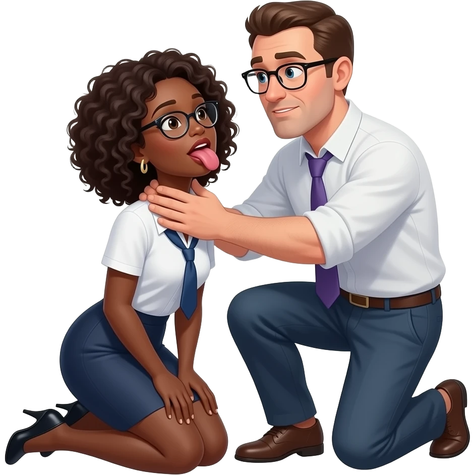 submissive midtone black woman kneeling down with white man's hand choking her with her tongue out with glasses and curly hair and librarian outfit emoji