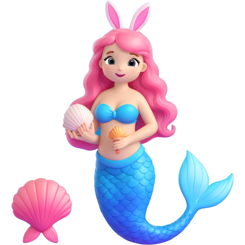 3D iOS-style illustration of a cute bunny mermaid holding a singing seashell, soft pastel colors, mermaid tail with gradient pink and blue hues, gentle whimsical expression, smooth rounded glossy style, Apple 3D emoji look emoji
