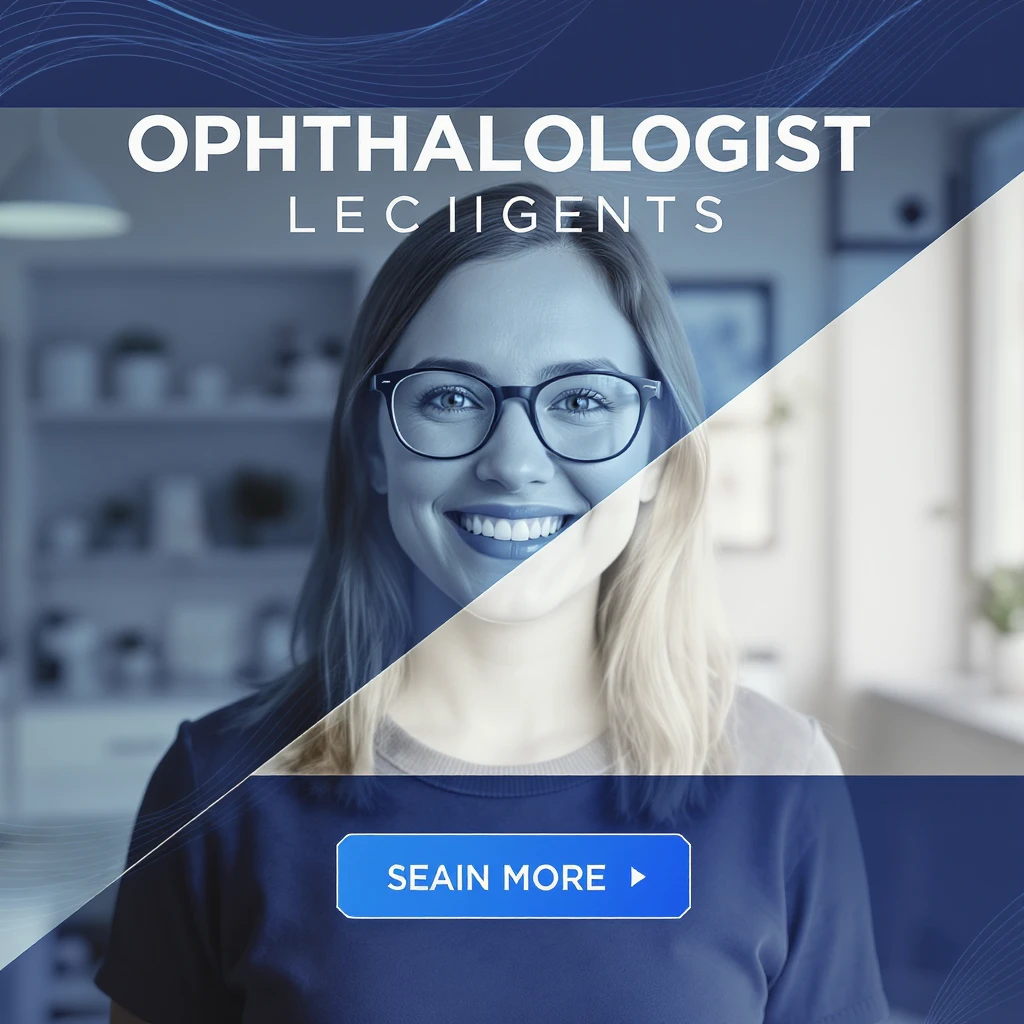 TV Advertising of a smiling woman with glasses smiling, minimalistic ophthalmologist interior in background, leading  lines, rule of thirds emoji