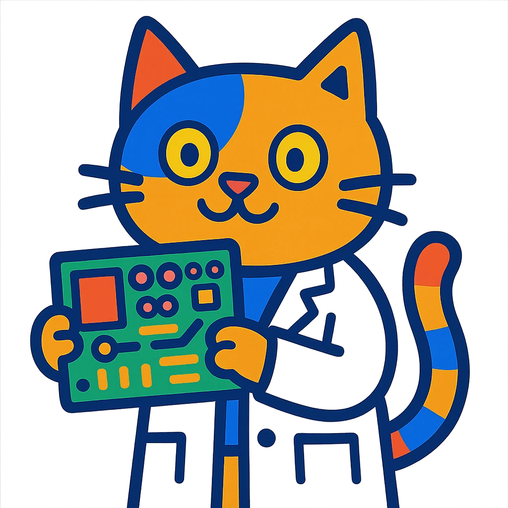 playful and colorful cat in a lab coat holding a circuit board emoji