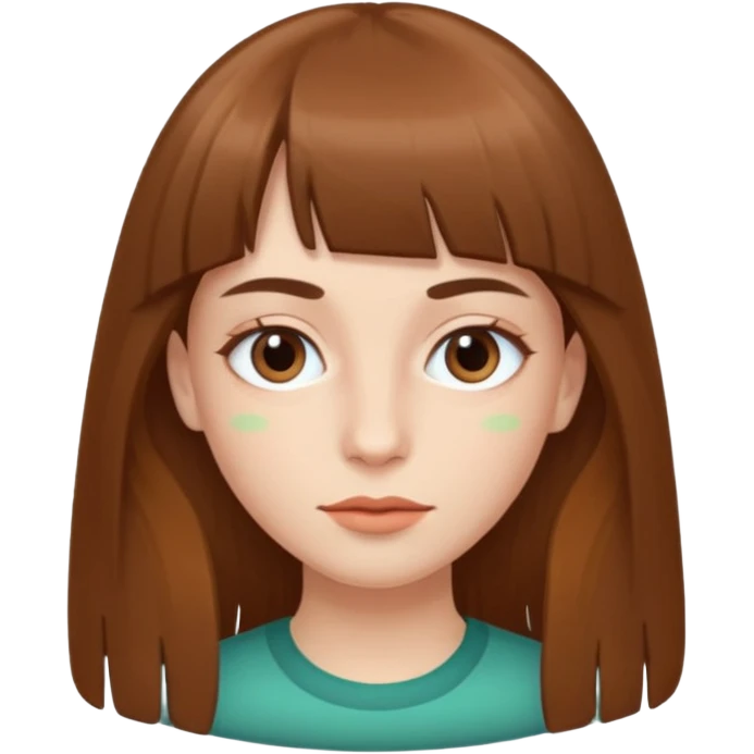 Tenho uma franja vegana, sombrancelha fina, um rosto oval e meu cabelo é grande e castanho emoji