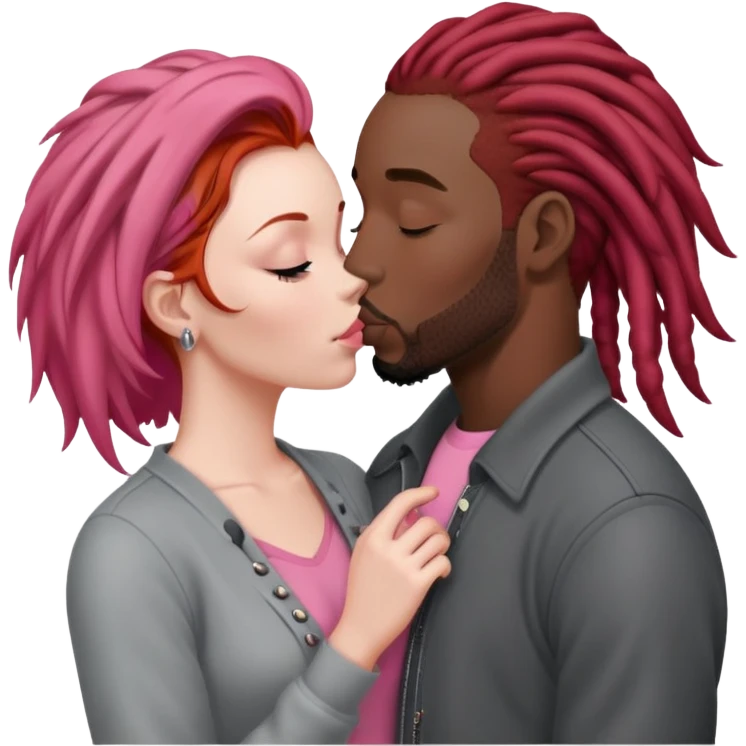 Mulher ruiva, pele branca, roupinha rosa, beijando um homem negro, com dreads nos cabelos e roupa cinza emoji