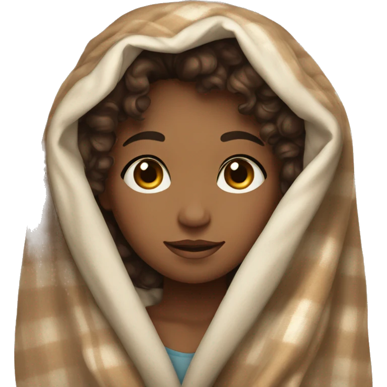 girl with brown curly hair and brown eyes with a blanket draped around her emoji