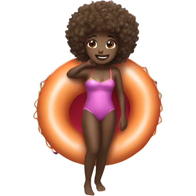 girl with curly hair and dark skin in a swimsuit on an inflatable tube floatie  emoji