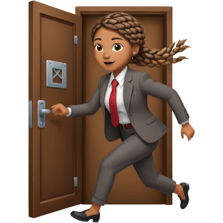 brown skinned female with braids in business attire running out of door emoji