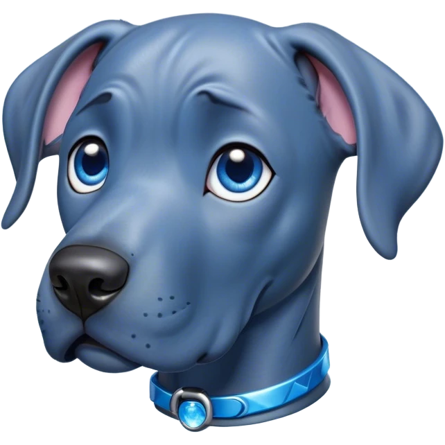 Cinematic Cute Blue Great Dane Portrait Emoji, Head tilted playfully and inquisitively, featuring a glossy blue Fur with a refined sheen, round, sparkling steel-blue eyes filled with curiosity, Simplified yet irresistibly adorable features, highly detailed, glowing with a warm, friendly glow, high shine, affectionate and gentle, stylized with a touch of whimsy, bright and endearing, soft glowing outline, capturing the essence of a mischievous yet loving pup, so playful it feels like it could lumber out of the screen and into your arms! emoji
