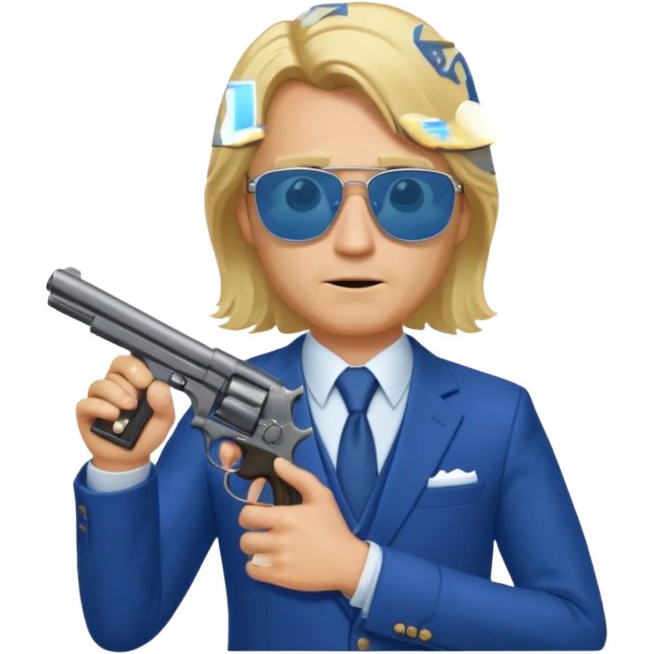 A blond man in a blue suit with a Colt pointing forward. The audience , and long hair and san glasses emoji