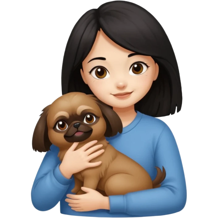 black hair girl hugging cheerfully brown pekingese dog that looks a little bit like brown gremlin emoji