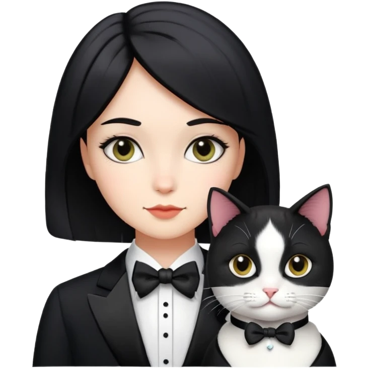 A girl with short black middle parted  hair parted in the middle, fair skin, and a tuxedo cat. emoji