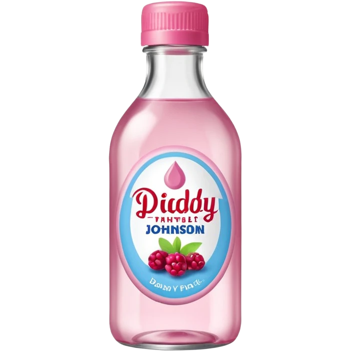 realistic Johnson and Johnson style bottle pink cap pink label clear bottle with berry party written on the logo with diddy logo emoji
