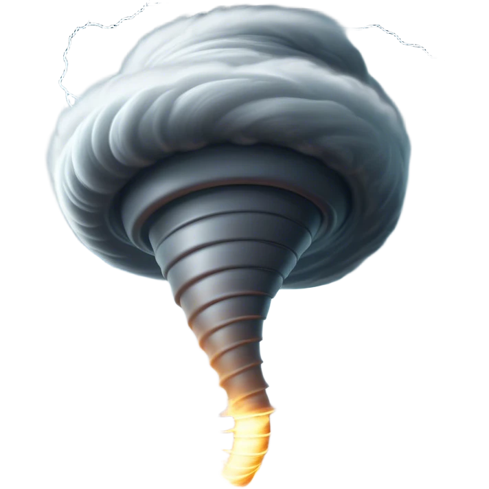 Cinematic Realistic Tornado Emoji, Spiraling fiercely, with dark swirling clouds that twist and stretch downward in a funnel shape. The winds whip up debris as the tornado roars across the landscape, leaving a trail of awe and fear. Soft glowing outline, capturing the essence of wild force and unpredictable power in a mighty tornado! emoji